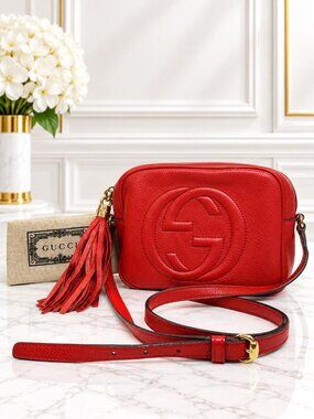 Authentic Gucci Soho Disco Red Leather Crossbody Bag GG Logo Tassel Luxury Purse